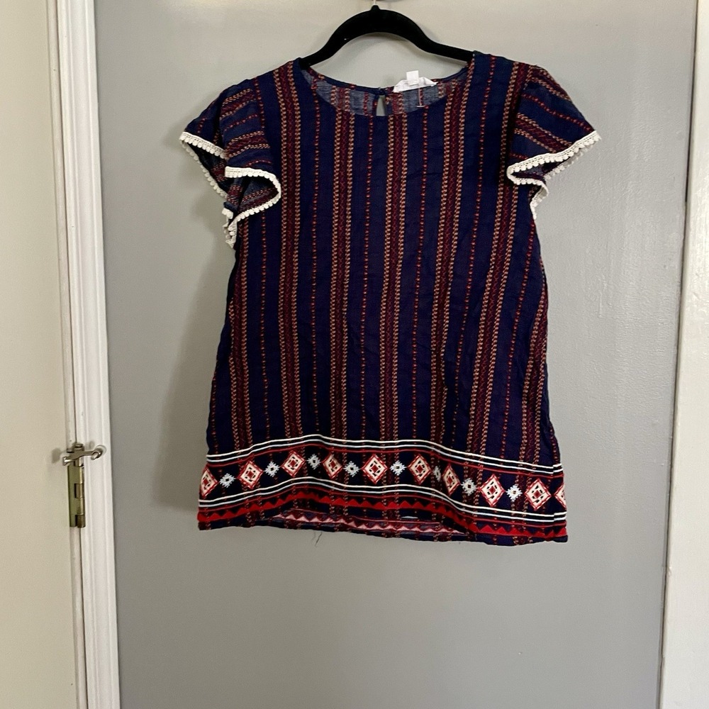 Anthropologie THML Short Sleeve Boho Top Small Navy W Multi Embroidery